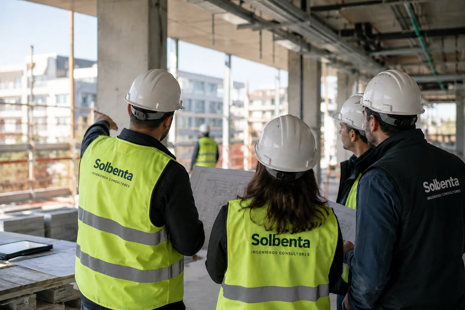 Equipo de Solbenta revisando planos en una obra