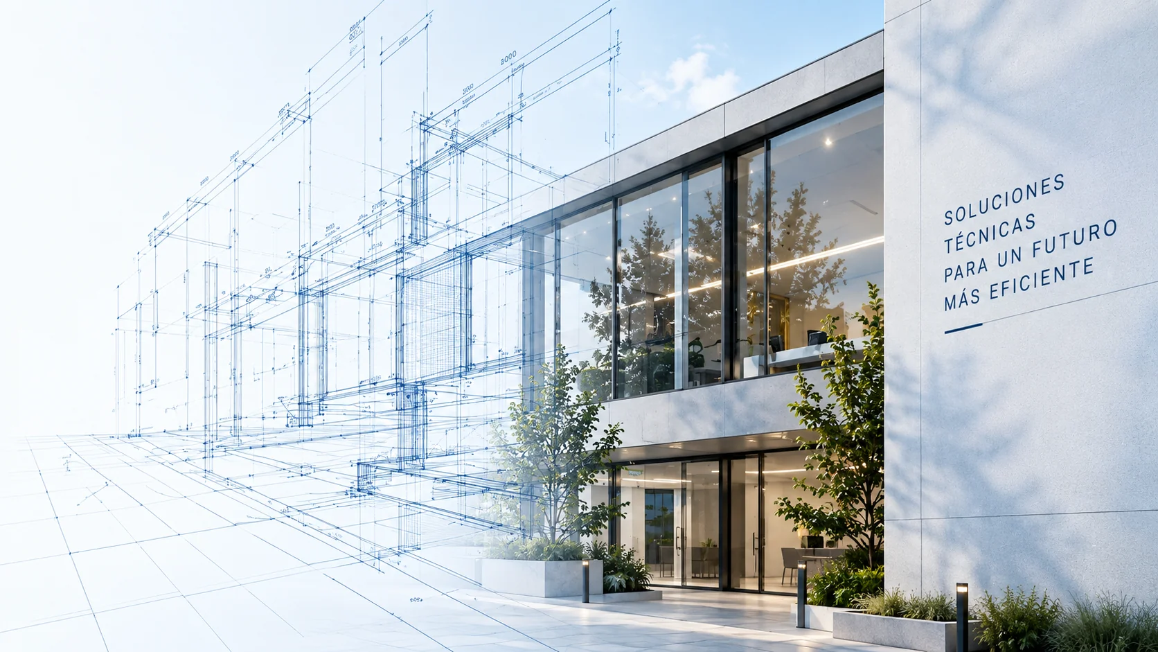 Edificio moderno con planos técnicos de ingeniería